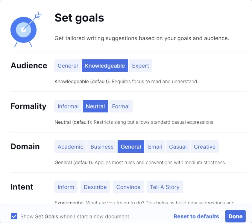 Grammarly content editing tool settings