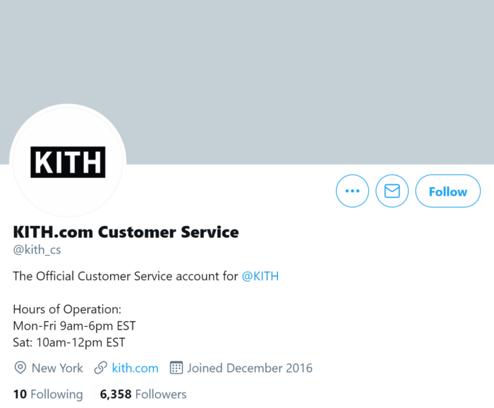 Kith.com ayrı müşteri hizmetleri Twitter hesabı