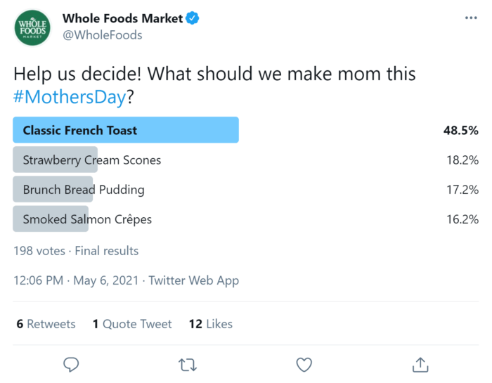 Anneler Günü için Whole Foods Market Twitter anketi