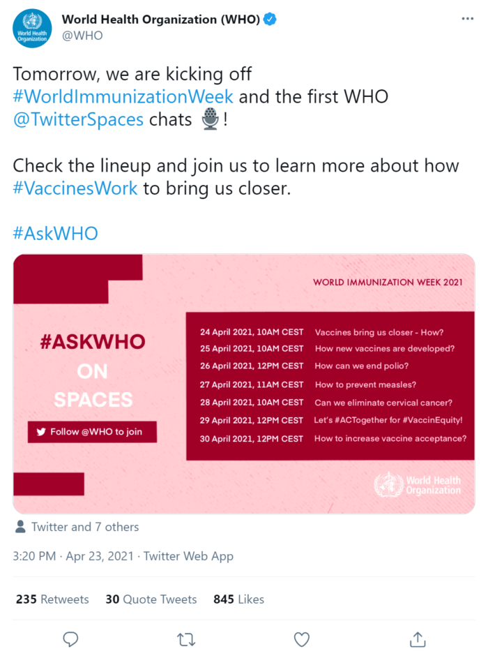 Twitter Spaces aracılığıyla barındırılan aşılar hakkında bir Soru-Cevap tanıtımı yapan Dünya Sağlık Örgütü'nün tweeti