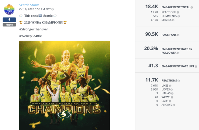 Postingan Facebook dari Seattle Storm mengumumkan kemenangan WNBA mereka