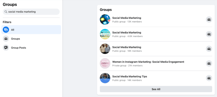 Capture d'écran des résultats de recherche du groupe Facebook pour l'expression "marketing des médias sociaux"