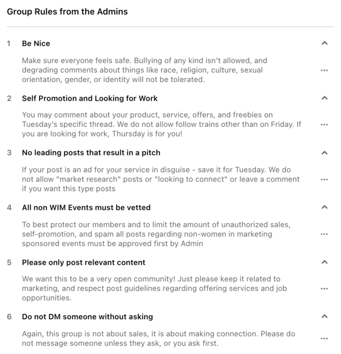 Un groupe Facebook appelé Women in Marketing décrit les règles que les membres doivent suivre