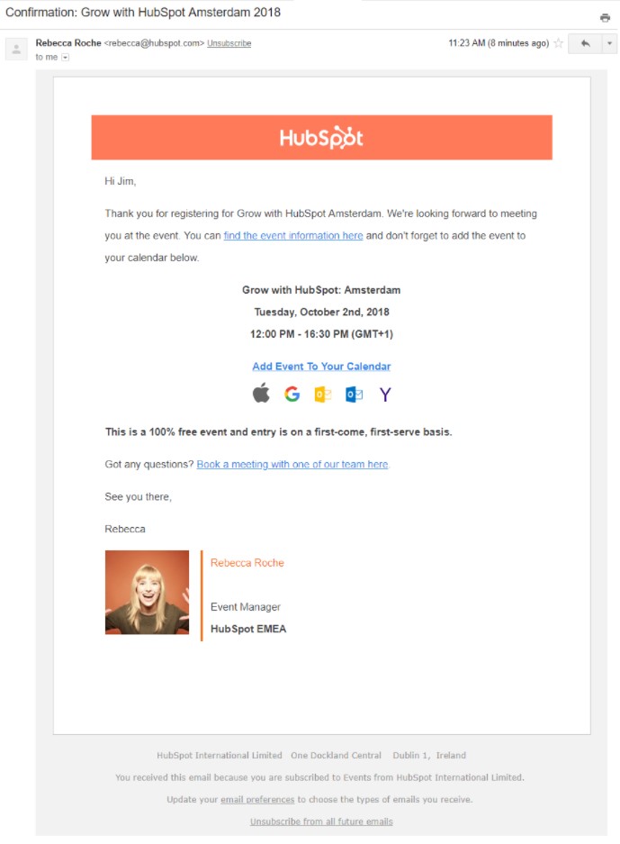 Campagne d'e-mails HubSpot remerciant un client pour son inscription.