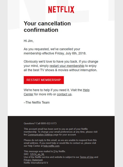 Exemple de marketing par e-mail goutte à goutte Netflix discutant de l'annulation.