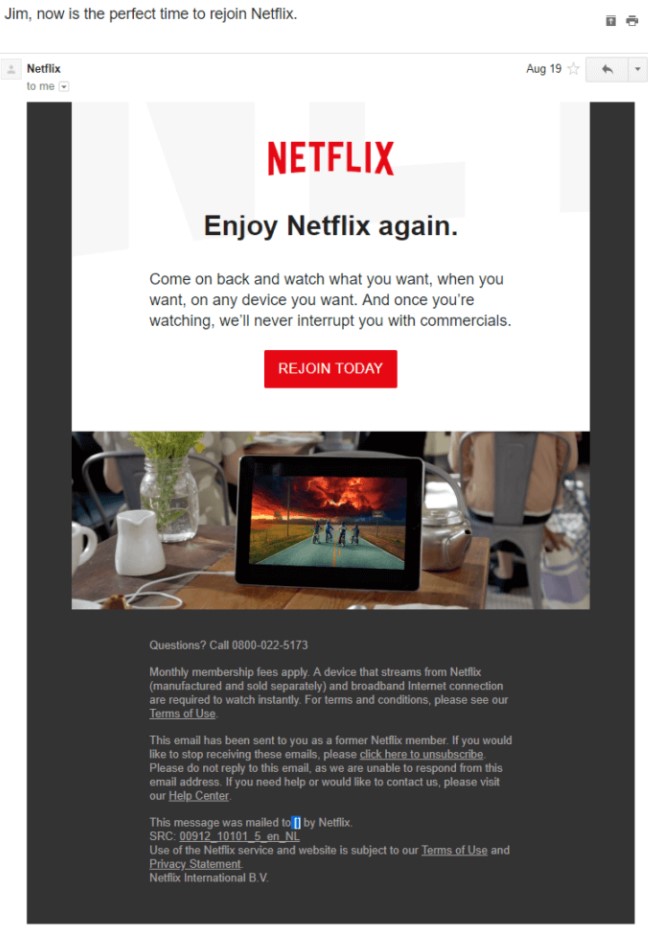 구독자가 해지 후 Netflix로 돌아가도록 요청하는 Netflix 이메일 마케팅.