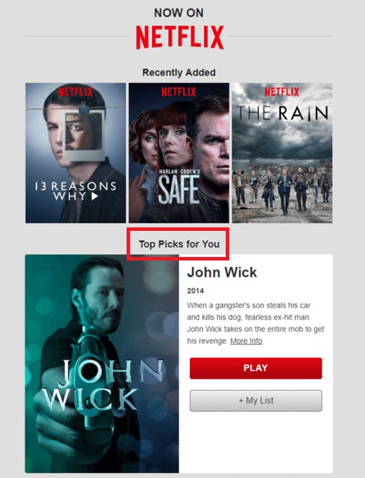 Marketing par e-mail Netflix affichant les meilleurs films de photos pour un client.