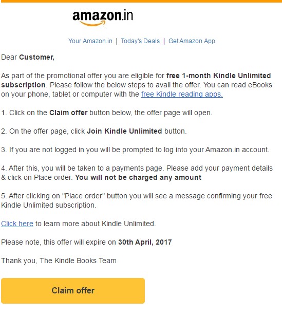 E-mail marketing d'Amazon proposant une promotion d'un mois d'abonnement Kindle gratuit et illimité.