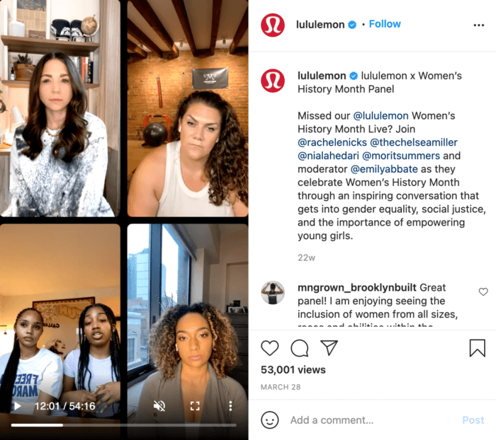 Lululemon utilise le marketing IGTV en transformant son Instagram Live en une publication IGTV pour le flux.