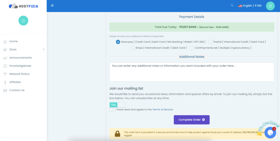 Hostfizia order processing payment details