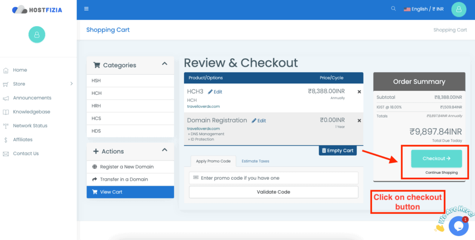 review and checkout page of cheap hosting in india hostfizia