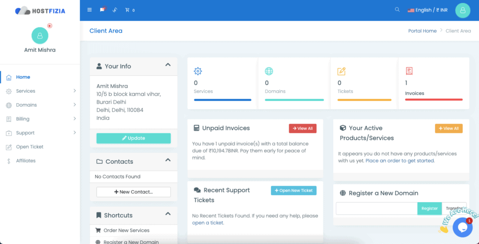 Hostfizia dashboard