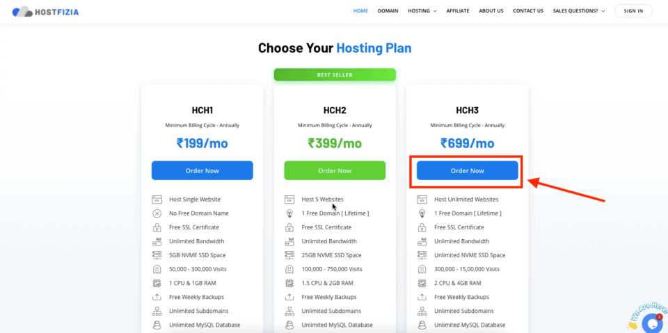 Hosting plans of Hostfizia