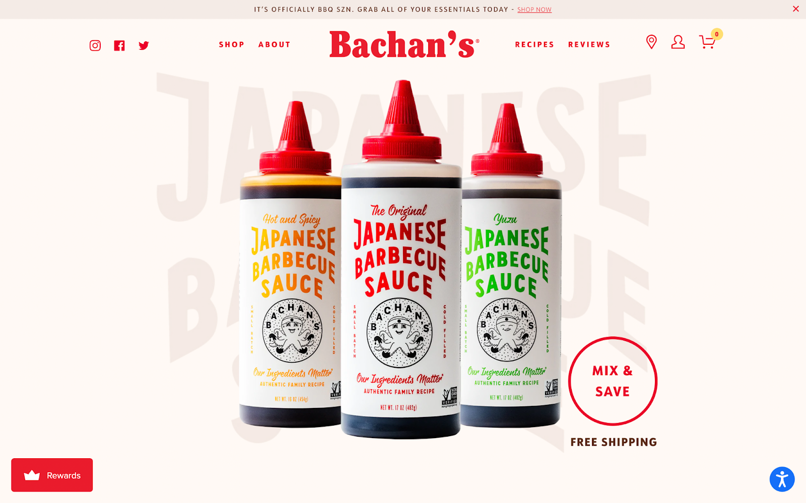 Liste de contrôle de la marque–Une capture d'écran de la page d'accueil de Bachan montrant 3 bouteilles de sauce barbecue.