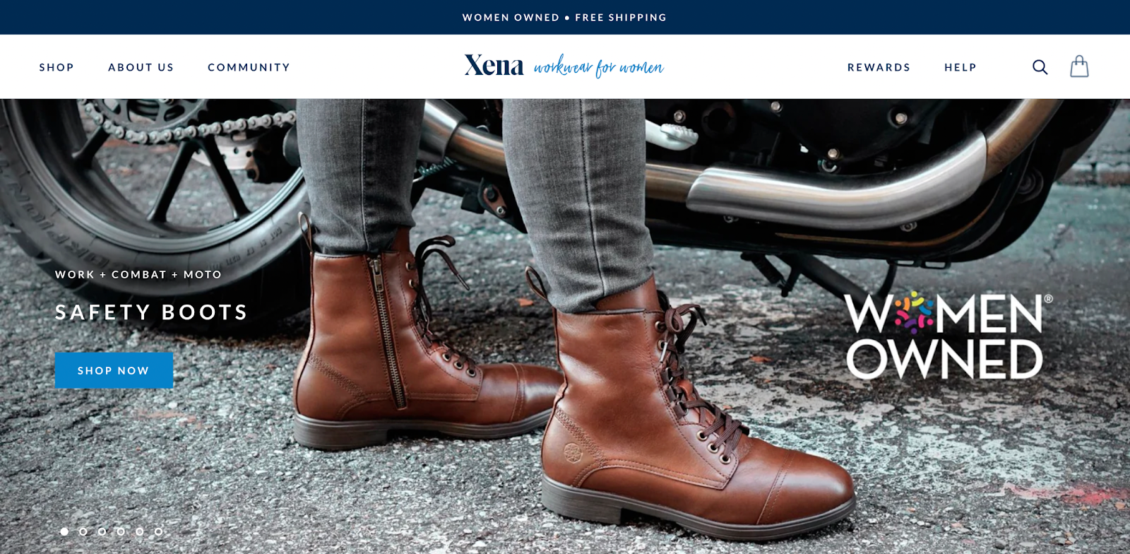 Elenco di controllo del marchio: uno screenshot dalla home page di Xena Workwear for Women che mostra un paio di stivali di sicurezza marroni e un'etichetta con la scritta "Women Owned".