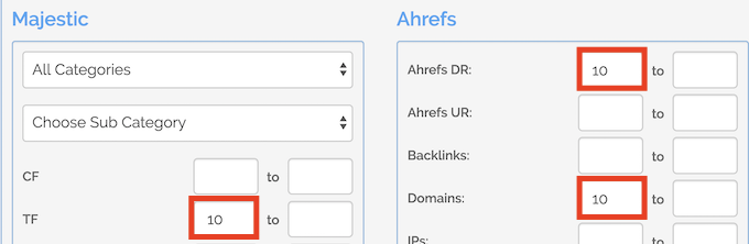 Filtros Majestic e Ahrefs